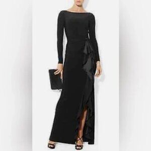 DJ-JAZ NWT black long sleeve evening dress with ruffle trim and side slit sz 6